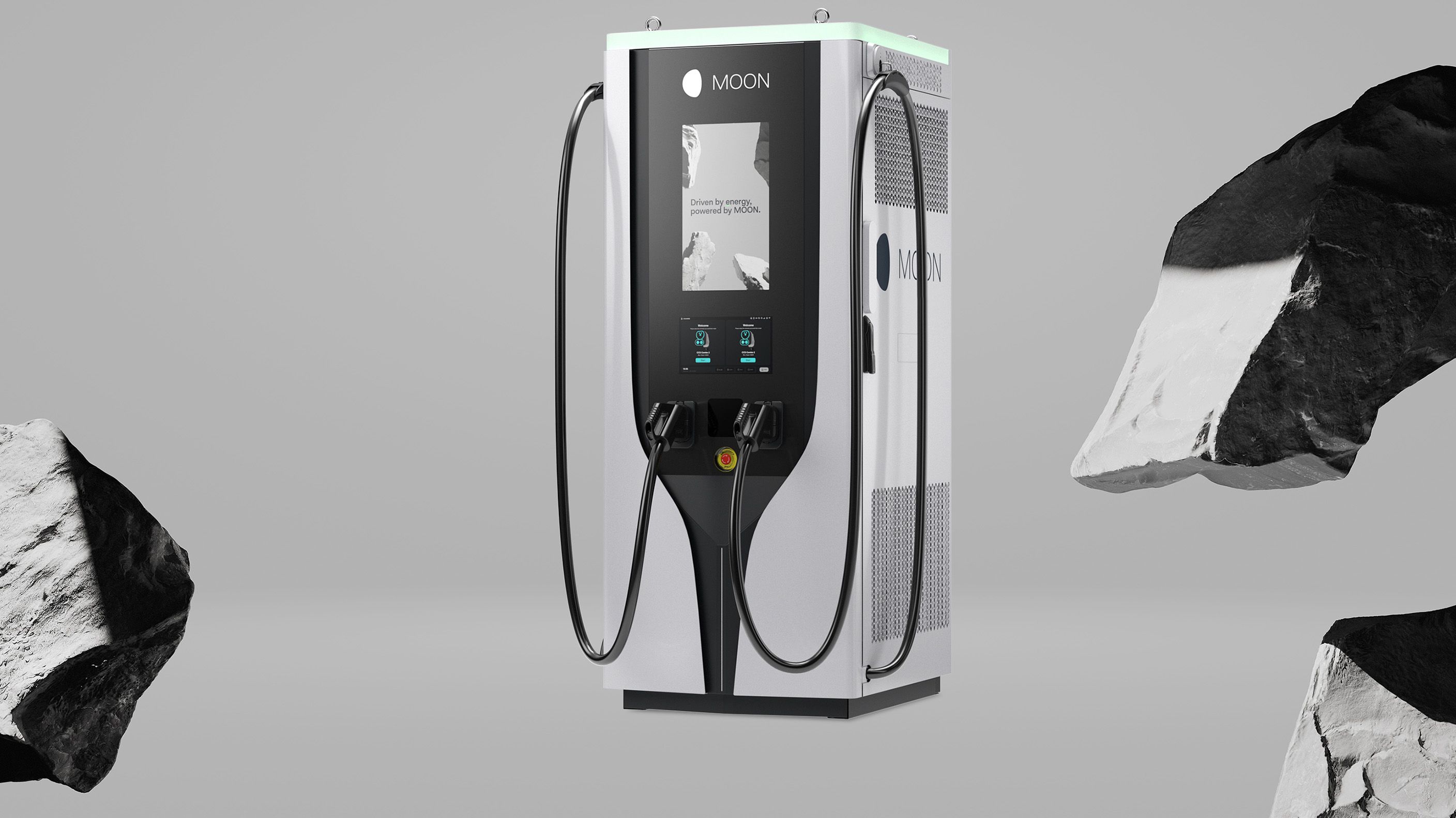 Fast charging station POWER Charger C7 in front of boulders